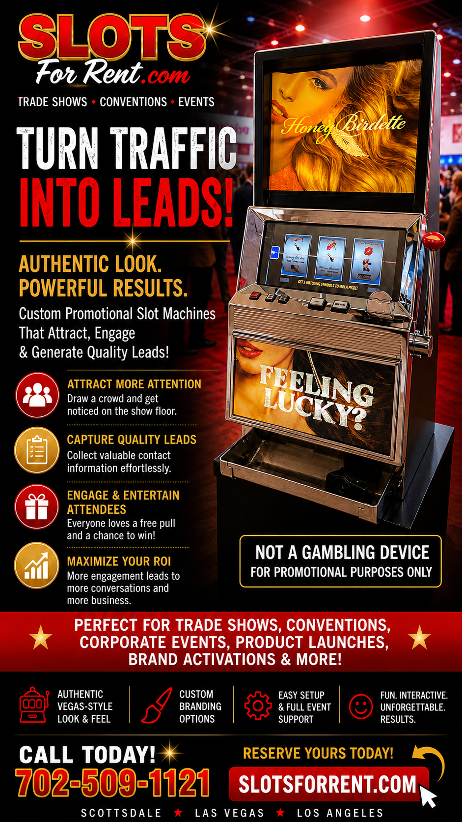 Promotional slot machine with top display for portrait video loops